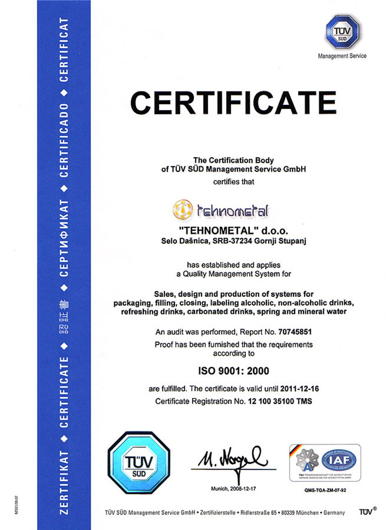 Tehnogradnja, ISO sertifikat